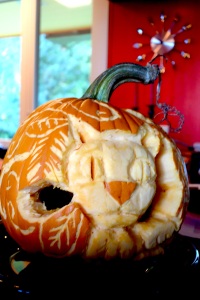 I carved a pumpkin for my host, Gray. He likes cats. I like leaves.
